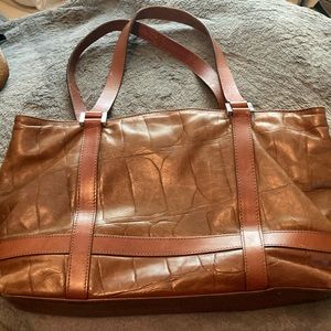 Reptile embossed brown leather Falor bag with smooth leather trim and straps